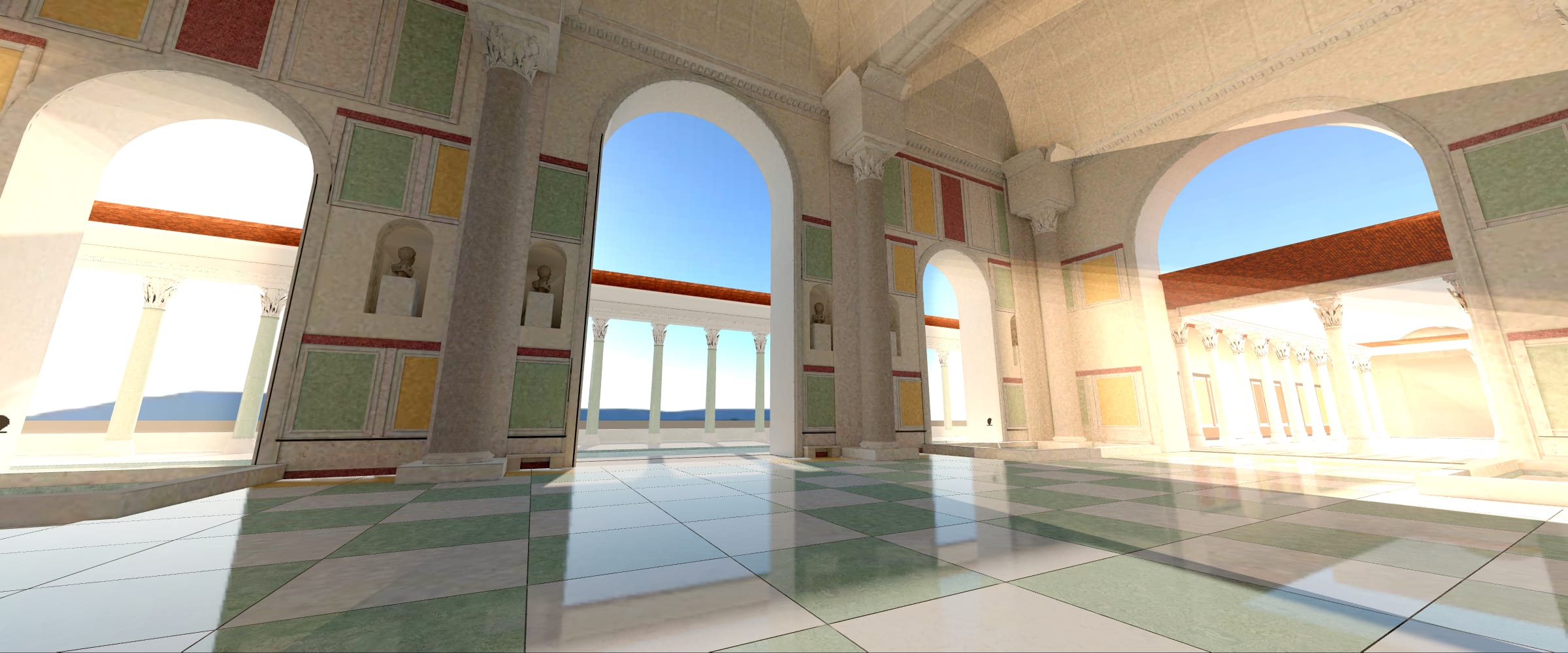 The cold hall of the Antonine Baths in the morning sun: the walkable reconstruction