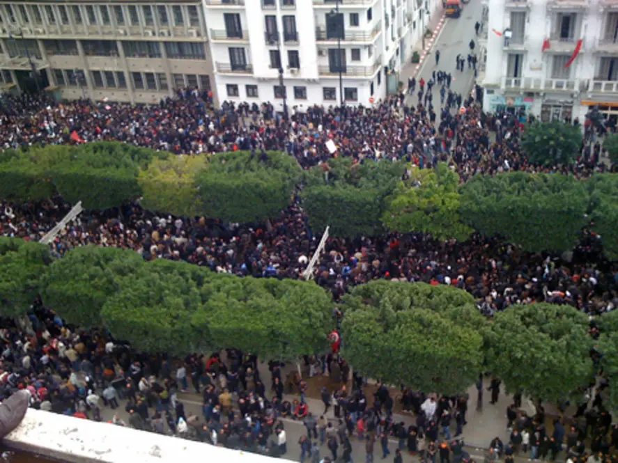 14 January 2011: Protesters in Tunis on 14 January 2011, the day President Ben Ali fled the country (photo: Voice of America, public domain).