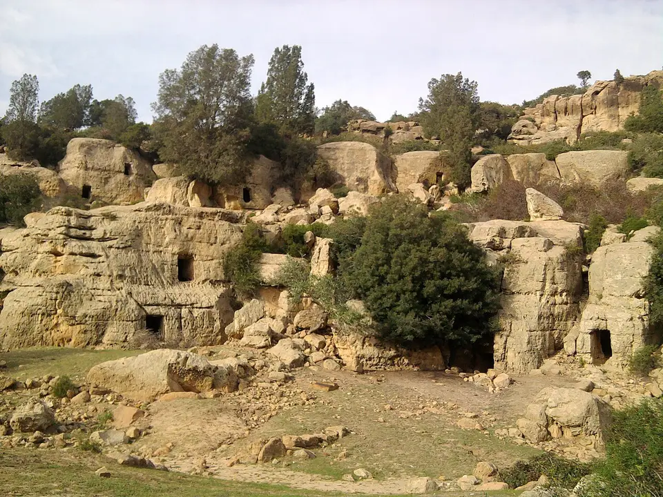 Haouanet: Haouanet at Sidi Mohamed Latrech, near Bir Bouregba: burial chambers cut into the rock, each with its small square door.